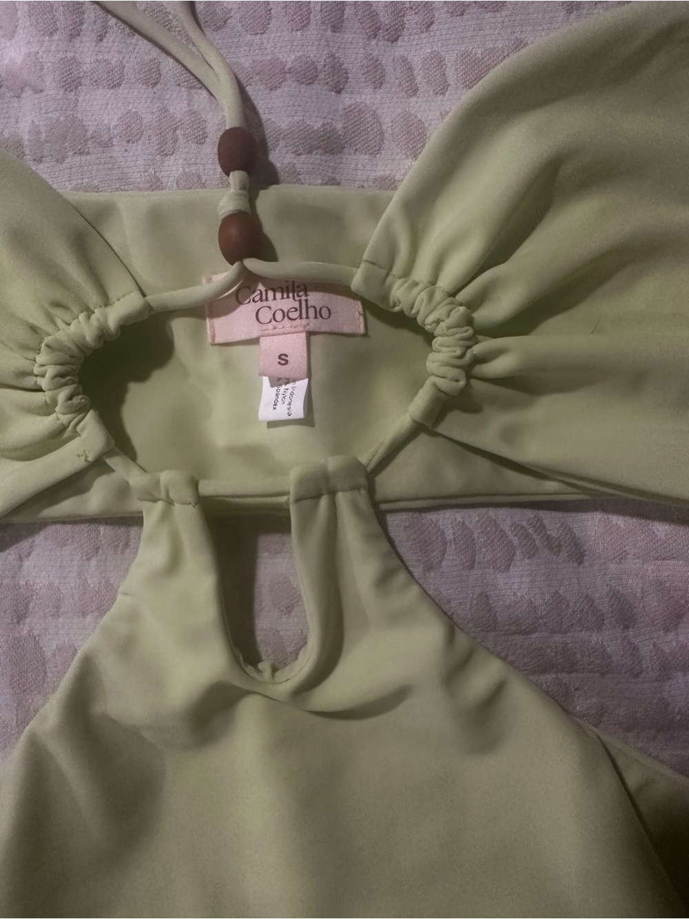 Camila Coelho Sage Green Halter Cutout One-Piece with wooden beads. - Picture 4 of 5
